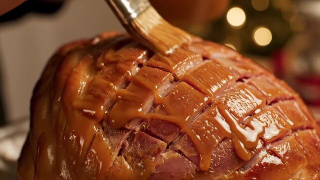 Glazing a Christmas Ham with Sticky Glaze Close-Up