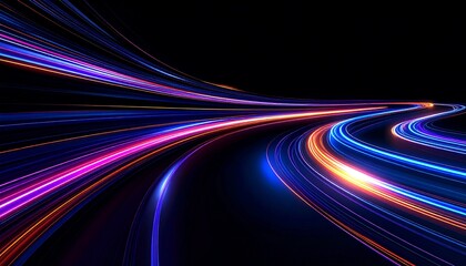Vibrant light trails in motion on dark background. Dynamic abstract lines symbolizing speed, technology, data transfer, and futuristic travel.