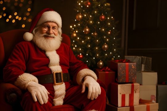 Smiling Santa with Glasses in Red Velvet Armchair Cozy Christmas Living Room, Banner