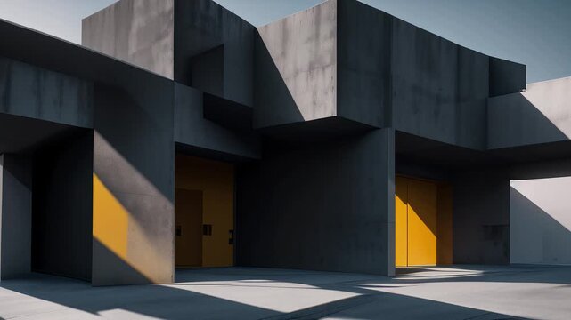 Surreal journey through a morphing brutalist concrete building with yellow accents, an abstract architectural perfect seamless loop.