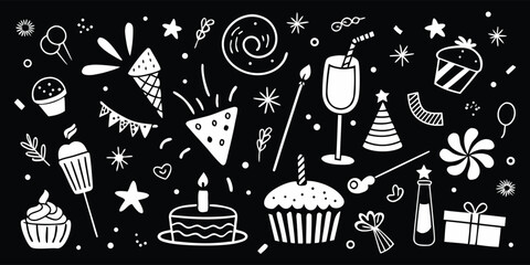 Festive birthday party doodles with cakes balloons and gifts on a dark background for celebration designs