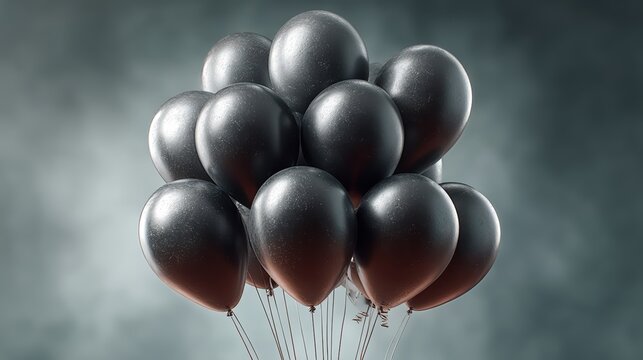 A cluster of dark speckled balloons floats against a somber grey sky creating a moody and atmospheric scene
