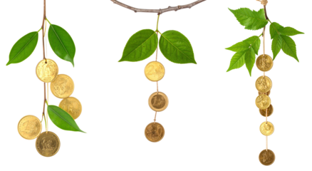 Decorative branches with vibrant green leaves and golden spherical ornaments isolated against transparent background