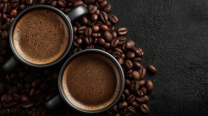 An overhead view of two black coffee cups filled with frothy espresso resting on a bed of roasted beans on a dark surface