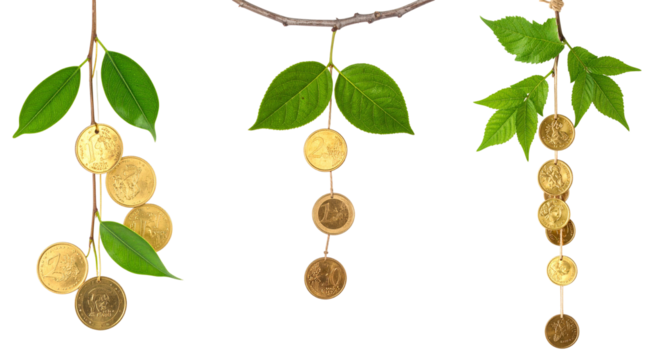 Decorative branches with vibrant green leaves and golden spherical ornaments isolated against transparent background - Powered by Adobe