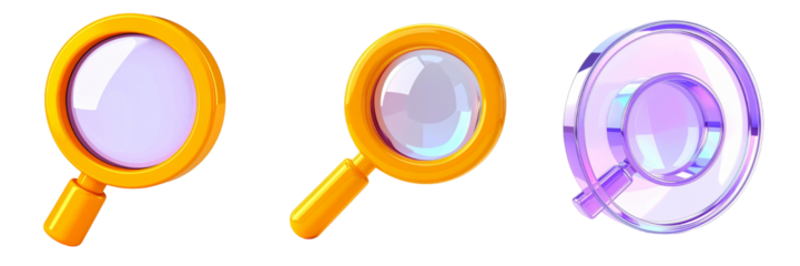 Three Magnifying Glasses With Orange And Purple Details Isolated Against Transparent Background