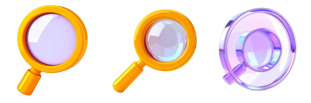 Three Magnifying Glasses With Orange And Purple Details Isolated Against Transparent Background