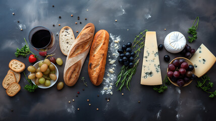 French food with baguette cheese grapes and red wine on rustic black background setting