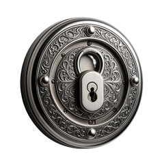 Ornate silver door hardware with a prominent lock and decorative details