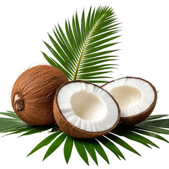 Tropical coconut fruit with palm leaves, whole and halved, set on black