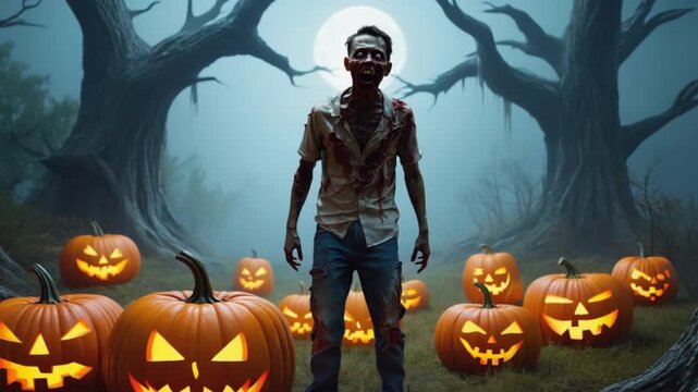 A zombie stands among jack o lanterns in a spooky forest with a full moon in the background halloween zombie video