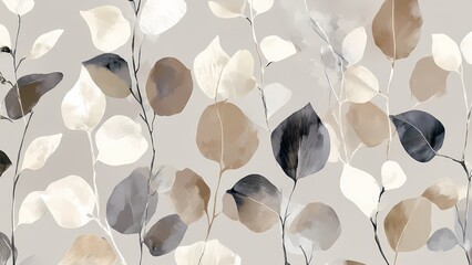 A modern, muted botanical pattern featuring large, overlapping leaves in soft gray, beige, and darker blue tones for a neutral background.