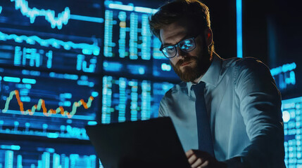 Fototapeta premium Bearded man in glasses analyzes data on a laptop, surrounded by multiple glowing screens