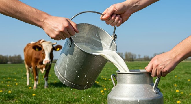 Freshly milked liquid pours from a metal bucket into a container as a brown and white animal grazes peacefully in a green field under a clear, bright blue sky on a sunny day.
