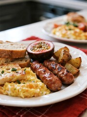 Scrambled eggs with grilled sausage, halloumi, roasted potatoes, fresh bread & passion fruit