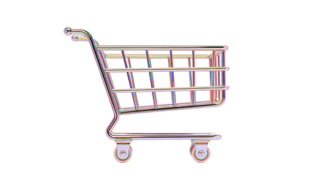 Minimal 3D Shopping Cart Icon with Metallic Look Isolated on Transparent Background
