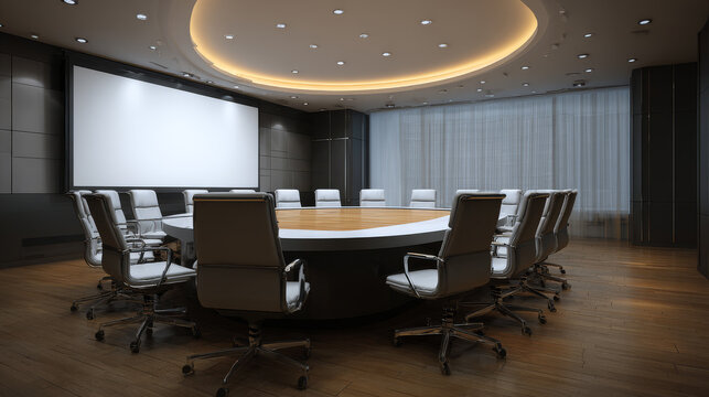 A spacious conference room with a large oval table and chairs