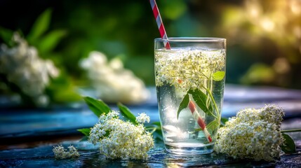 Refreshing Elderflower Drink Presentation with Delicate Flowers and Natural Ambience, Perfect for a Summer Gathering or Relaxing Afternoon in Nature