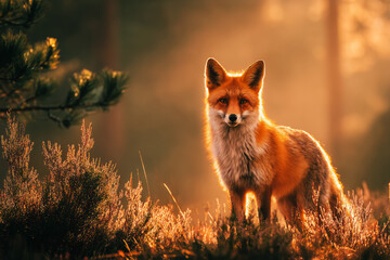 Beautiful red fox in glowing sunset light, standing among warm forest vegetation, surrounded by golden natural atmosphere.