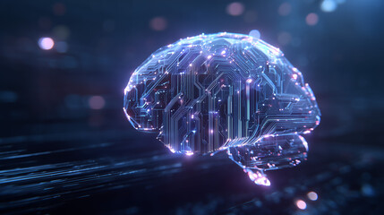 Glowing abstract digital brain made of circuit lines and neural networks, visualizing artificial intelligence and futuristic computing.