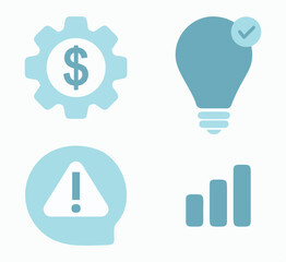 Business, work, idea, market, graph, gear, intelligence. Attention, notification, alert, system, warning. Data analysis, money, communication, economy. Set, icon, vector