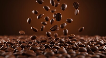 Numerous roasted coffee beans are captured mid-air, cascading downwards onto a bed of the same, creating a rich brown composition.