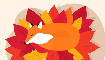 Sleeping Fox in Autumn Leaves Peaceful Fall Illustration