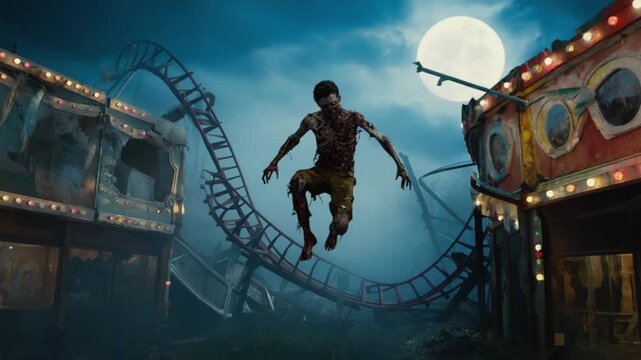 Zombie floating above a broken roller coaster at night with a full moon in the background scene halloween zombie video