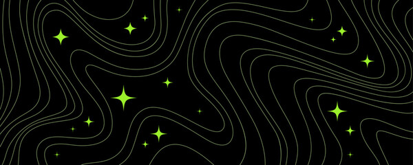 Y2K Line Pattern with Stars. Metaverse Space Background Graphic. Groovy Retro Linear Bg. Vector Psychedelic Abstract Night with Stars.