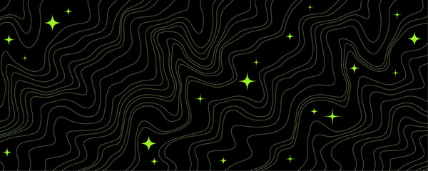 Line Y2K Pattern with a Black Background and Stars. Abstract Metaverse Space Texture. Vector Groovy Bg with Distorted Lines and Bling Stars.