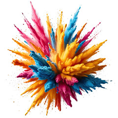 Exploding vibrant color powder burst with pink, blue, and yellow hues on black