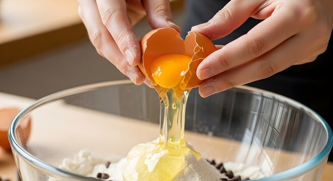 Hands cracking an egg into a bowl with flour and chocolate chips, preparing to bake. - Powered by Adobe
