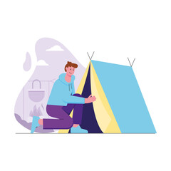 Illustration of Person Setting up a Light Blue Camping Tent with Beige Interior and Dark Purple Pants on Transparent Background