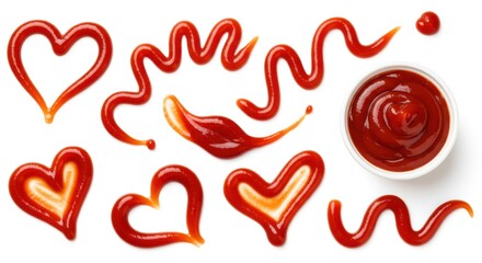 Fresh red tomato sauce creatively arranged on a bright white background, showcasing various shapes like hearts and decorative lines, alongside a small bowl filled with the condiment