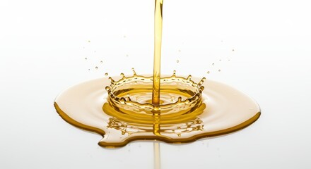 Golden liquid pouring, forming a crown-shaped splash and pool on a white, reflective surface, highlighting the dynamic interaction of the fluid, demonstrating fluid dynamics and droplet formation...