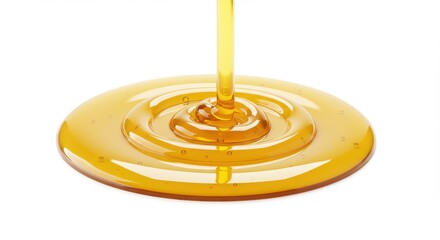 Golden liquid pours and spreads across a white surface creating a glossy, swirling pool, capturing the essence of a sweet, viscous substance with transparent and reflective qualities in a  setting.
