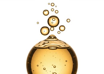 Golden liquid forms a spherical shape, with ascending bubbles against a clean white background.