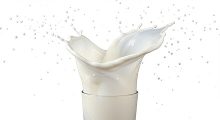 Dynamic splash of liquid, seemingly milk, erupts upwards from a glass, creating a crown-like shape against a clean, white backdrop, evoking freshness and energy.