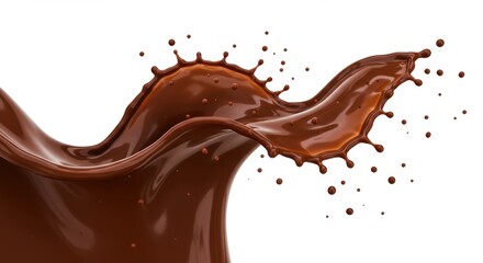 A dynamic and detailed splash of rich, dark brown liquid, forming a graceful, curved wave pattern against a pristine white backdrop, showcasing a fluid, glossy texture with droplets and a sense of...