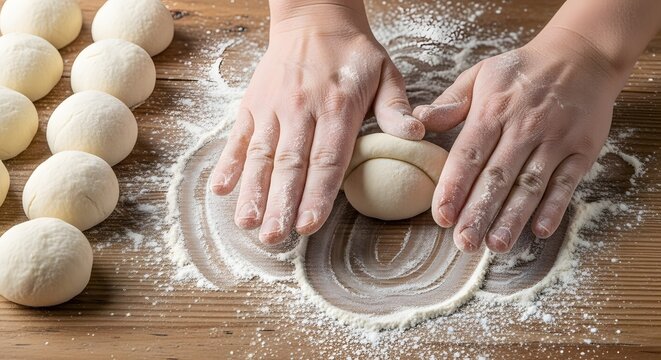 Hands kneading dough on a floured surface, preparing bread.