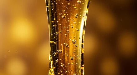 Flowing, viscous liquid displays translucent properties, exhibiting tiny, suspended air bubbles within a vibrant golden, amber hue, set against a blurred background of warm yellow and brown tones.