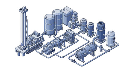 Isometric blueprint illustration of a processing plant and industrial equipment