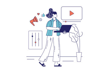 Female Content Creator Stands with Laptop Megaphone and Video Player in Flat Vector Style Marketing Advertisement Digital Content Concept Isolated on Transparent Background