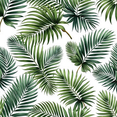 Lush green palm leaves on a black background, forming a dense pattern