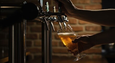Person pours a refreshing, golden beverage from a tap into a glass, capturing a moment in a dimly lit bar or pub setting with a warm brick background; the glass is held at an angle.