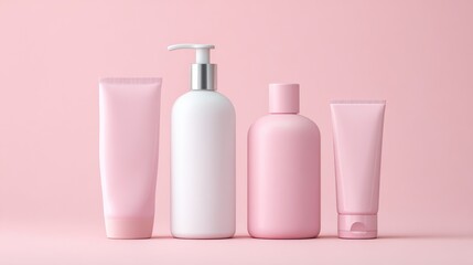 Aesthetic Arrangement of Skincare Bottles and Tubes on a Soft Pink Background Showcasing Modern Beauty Package Designs