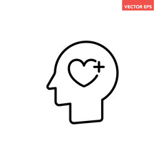 Black single mental health line icon, simple wellbeing psychology head flat design vector pictogram, infographic interface elements for app logo web button ui isolated on white background
