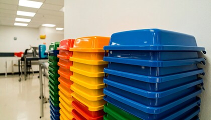 Stacks of Colorful Plastic Containers in an Institutional Setting