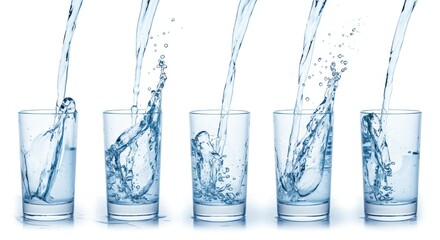 Clear, pure water being poured into a sequence of transparent glasses, showcasing dynamic splashes and ripples, against a bright, clean white background; the blue-toned liquid represents freshness...