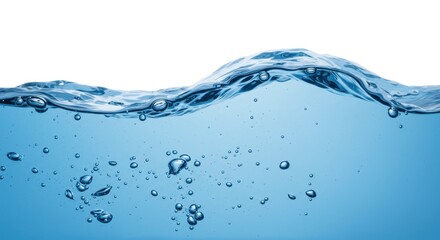 Beautiful tranquil water surface displayed with gentle wave and scattered bubbles, creating a refreshing aesthetic, capturing a clean and clear liquid background in calming blue color.